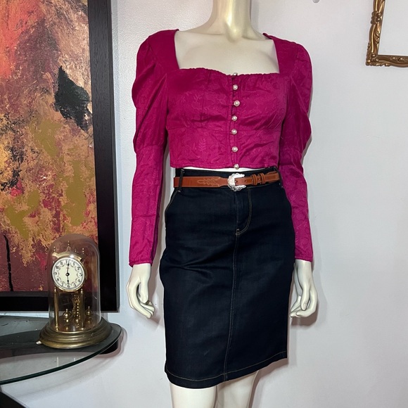 Anthropologie Rahi Rahi square Neck Puffy Sleeve Brocade Crop Top Pink small AB - Picture 10 of 11